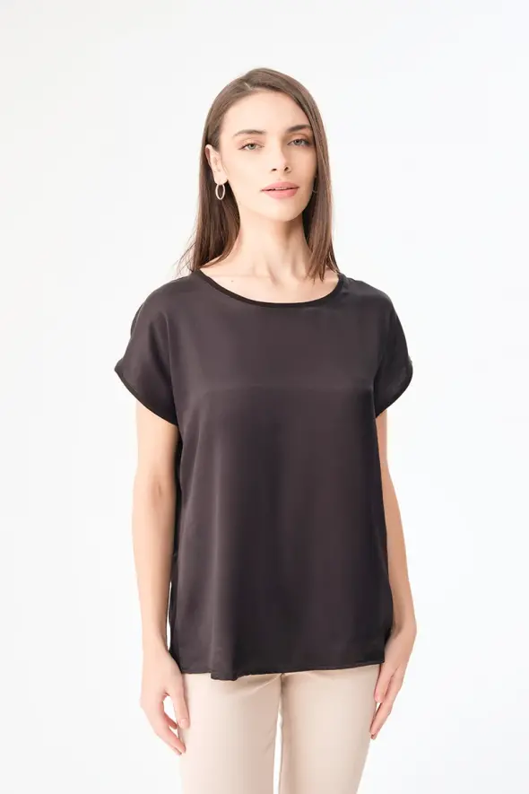 Round Neck Front Satin T-shirt - Black - 1