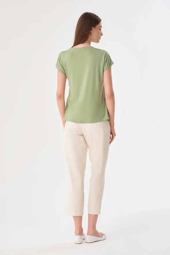Round Neck Front Satin T-shirt - Green - 5