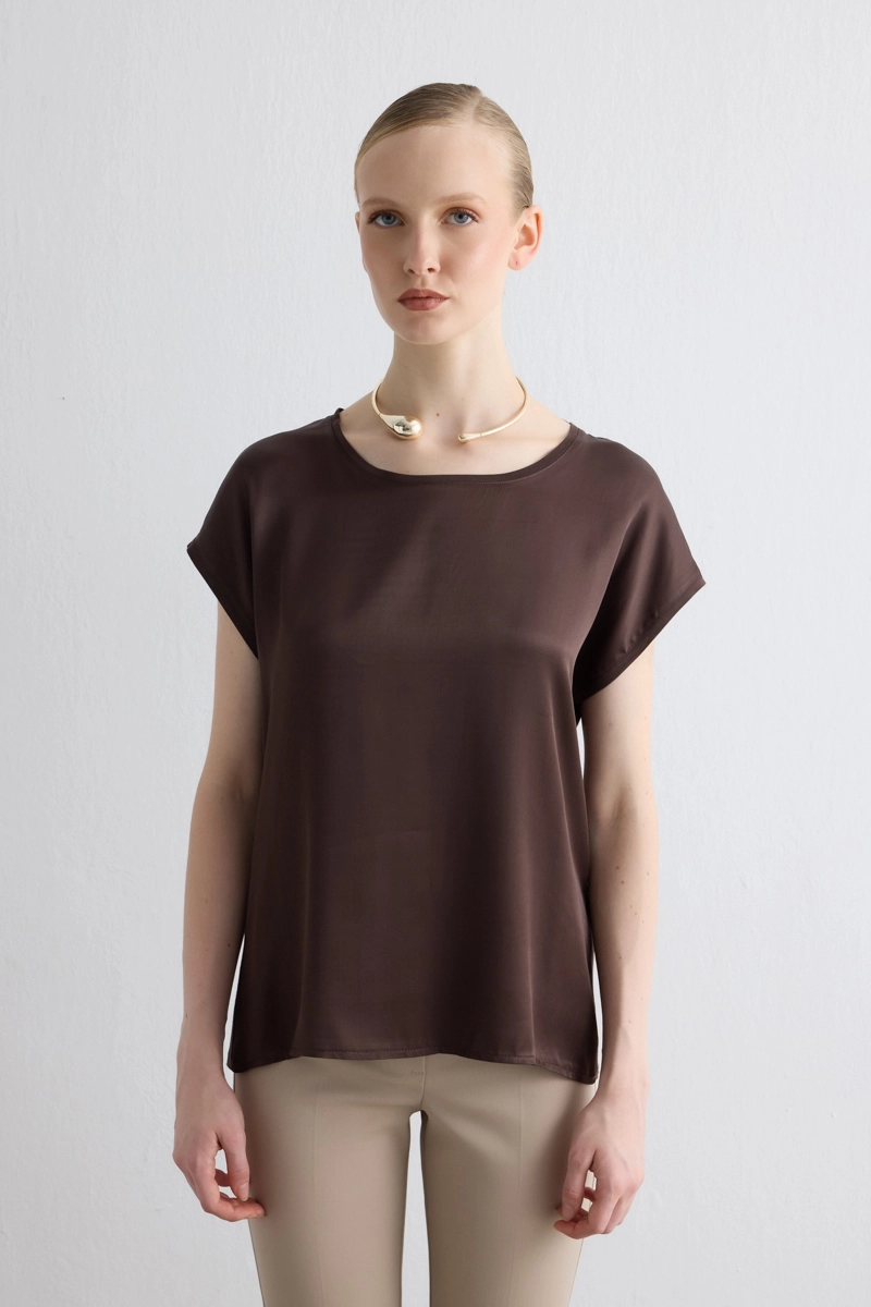 Round Neck Front Satin Viscose T-Shirt - Brown - 1