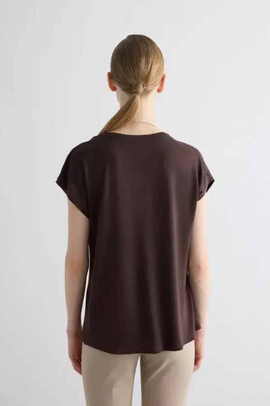 Round Neck Front Satin Viscose T-Shirt - Brown - 4