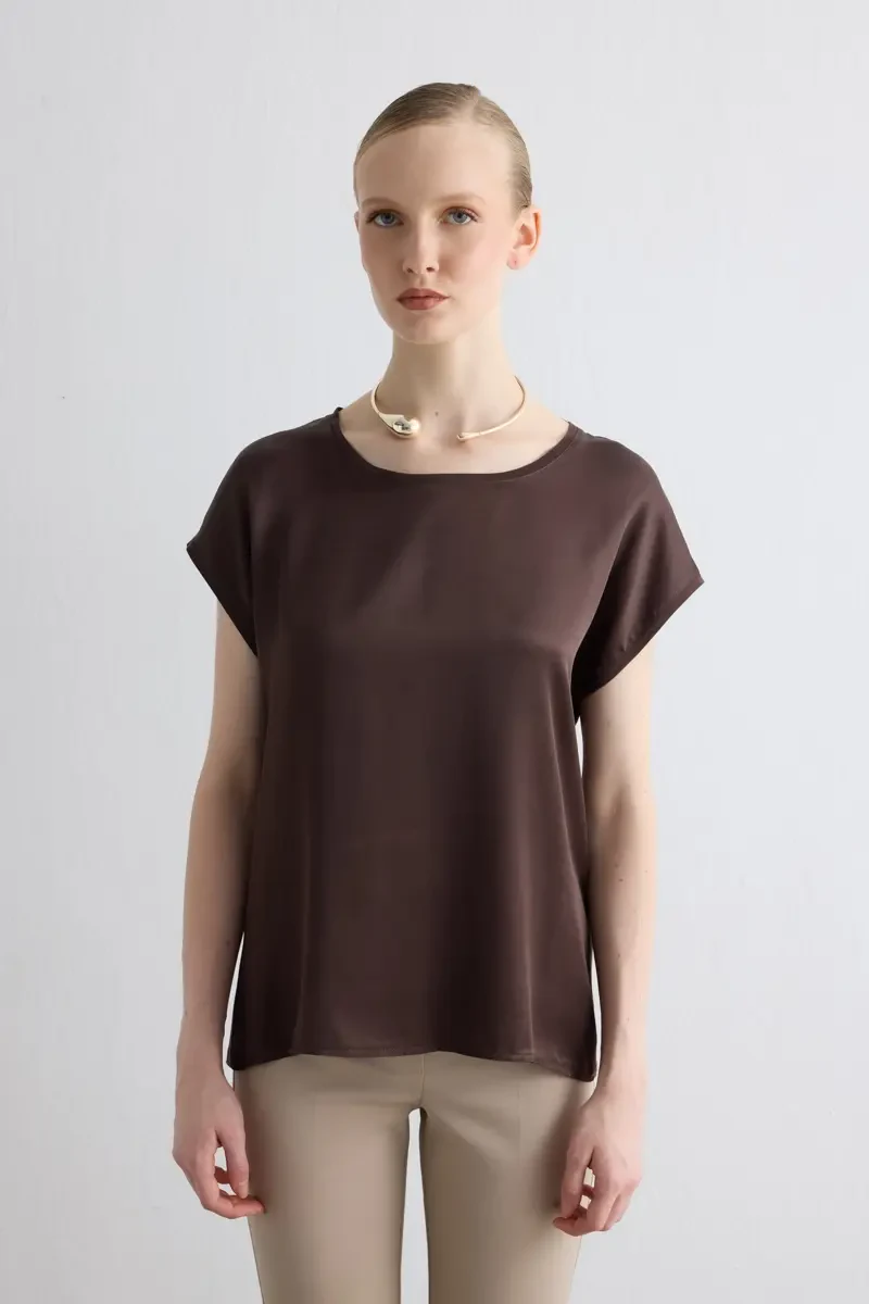 Round Neck Front Satin Viscose T-Shirt - Brown Brown