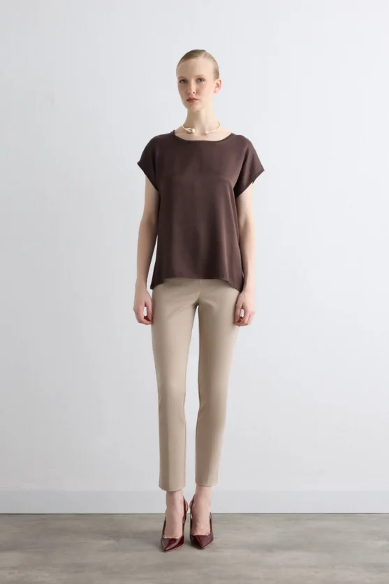 Round Neck Front Satin Viscose T Shirt Brown - 2