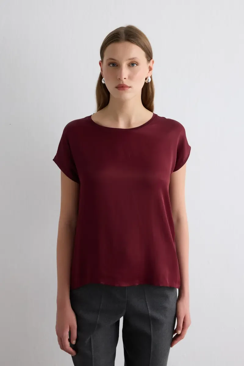 Round Neck Front Satin Viscose T-Shirt - Burgundy - 1