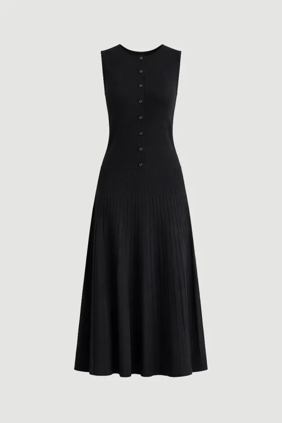 Round Neck Knit Pleated Dress Black - Gusto