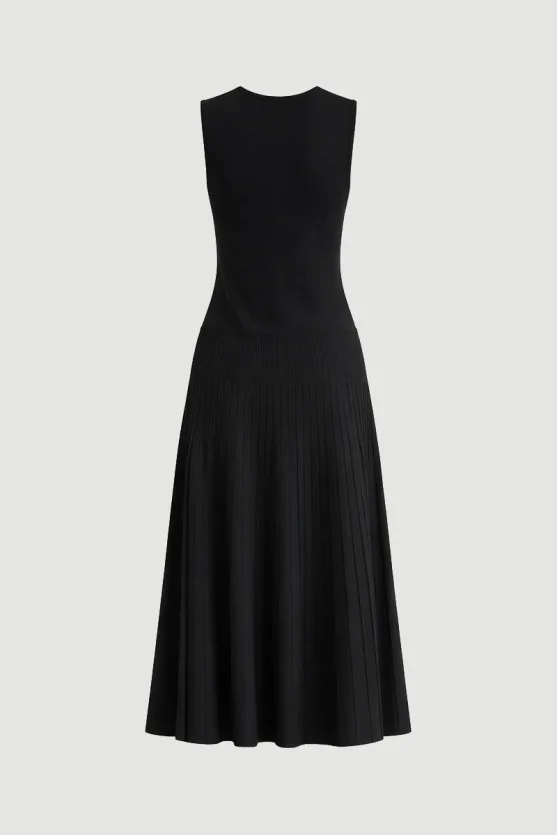 Round Neck Knit Pleated Dress Black - 6