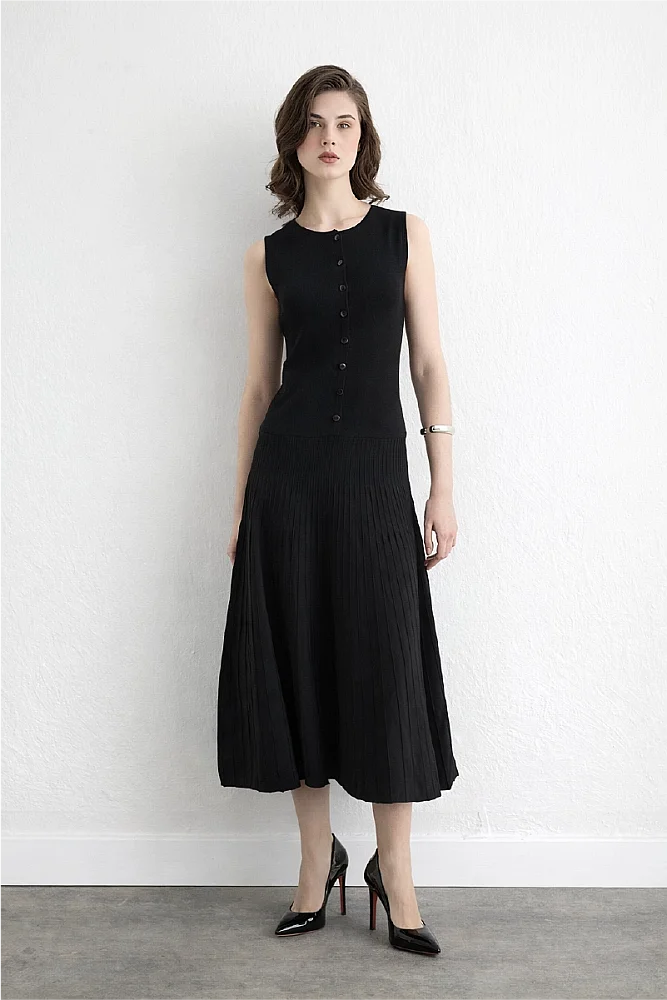 Round Neck Knit Pleated Dress Black Black