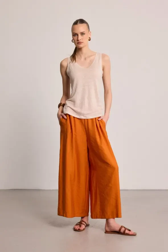 Round Neck Linen Tank Top - Beige - 2