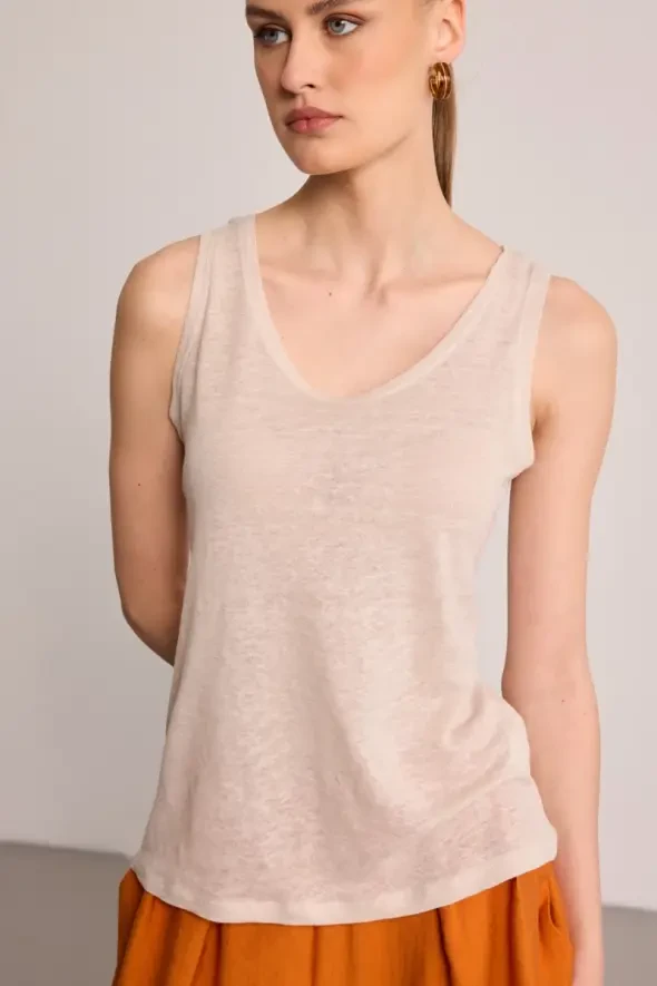Round Neck Linen Tank Top - Beige - 3