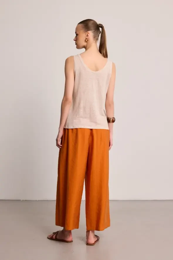 Round Neck Linen Tank Top - Beige - 4