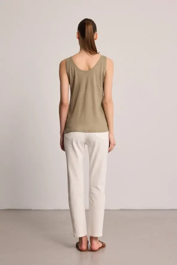 Round Neck Linen Tank Top - Green - 4