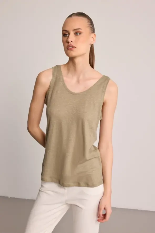 Round Neck Linen Tank Top - Green - 1
