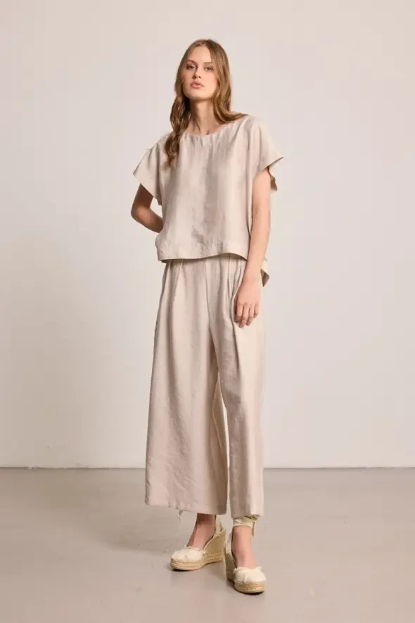 Round Neck Lyocell Blouse - Stone - 3