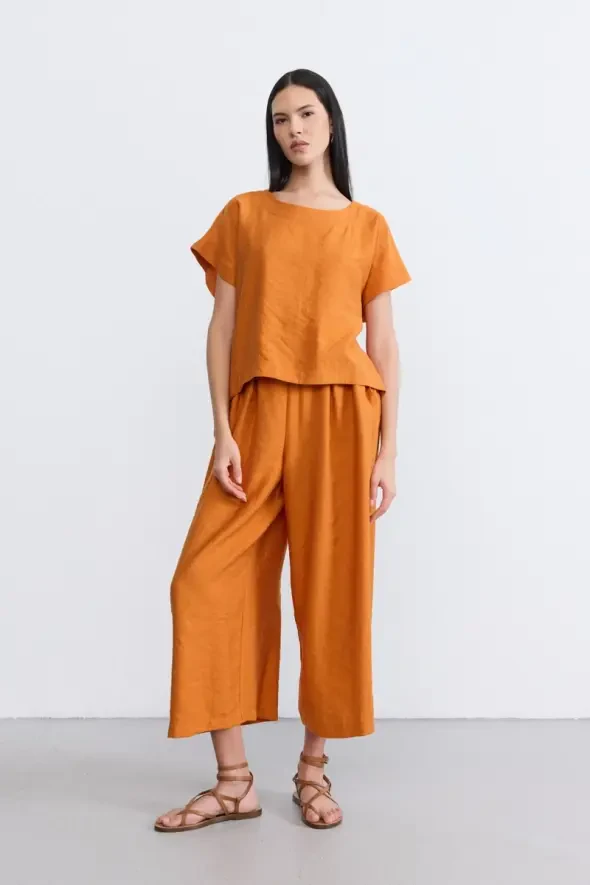 Round Neck Lyocell Blouse - Terracotta - 2