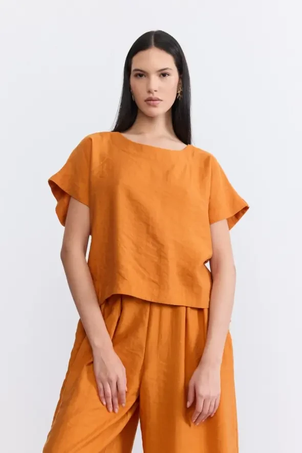 Round Neck Lyocell Blouse - Terracotta - 1
