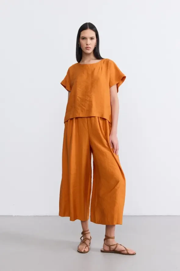Round Neck Lyocell Blouse - Terracotta - 3