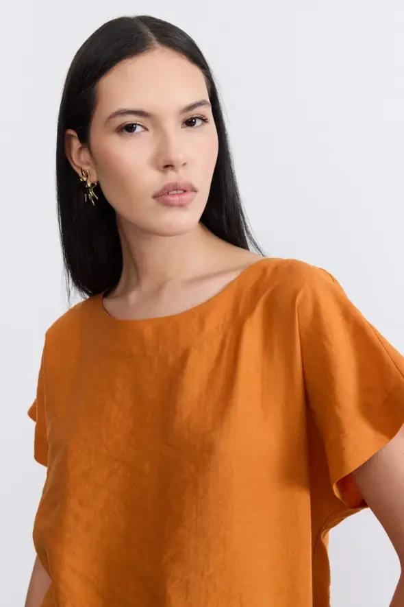 Round Neck Lyocell Blouse - Terracotta - 4