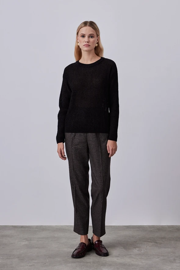 Round Neck Perforated Velvet Sweater - Black - 1