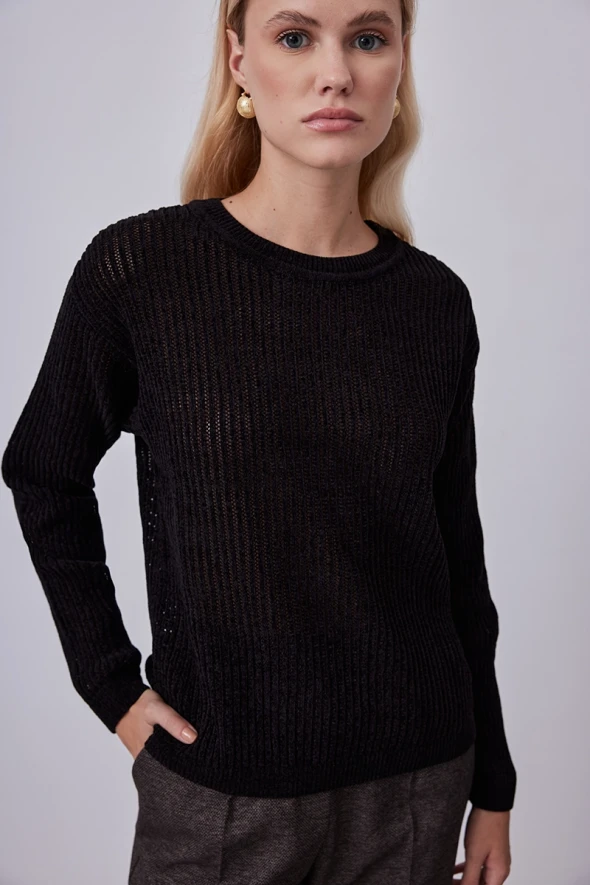 Round Neck Perforated Velvet Sweater - Black - 2