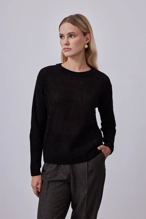 Round Neck Perforated Velvet Sweater - Black - 3