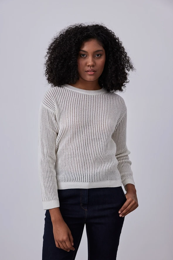 Round Neck Perforated Velvet Sweater - Ecru - 2