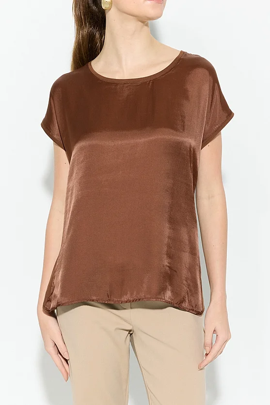Round Neck Satin Front T-Shirt - Brown - Gusto