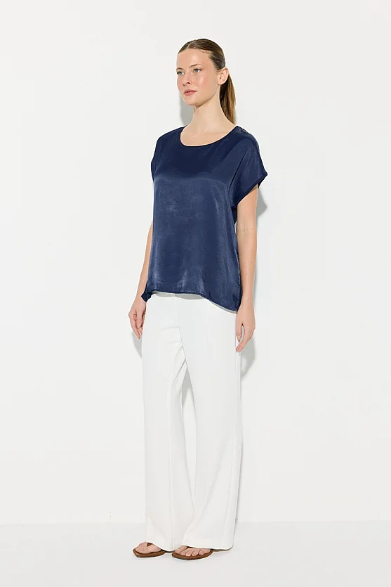 Round Neck Satin Front T-Shirt - Navy Blue - 3