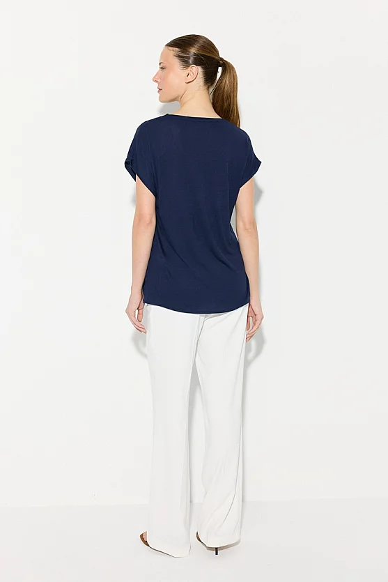 Round Neck Satin Front T-Shirt - Navy Blue - 5