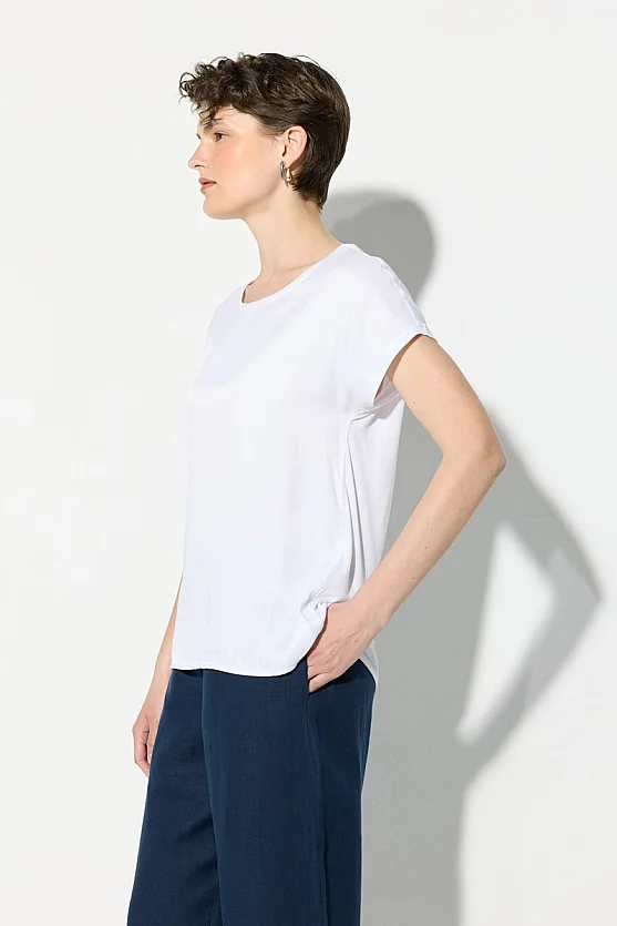 Round Neck Satin Front T-Shirt - White - 5