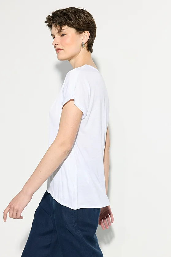 Round Neck Satin Front T-Shirt - White - 6