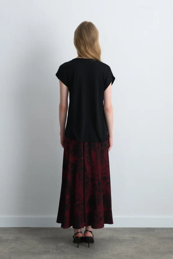 Round Neck Satin Front Viscose T Shirt Black - 5