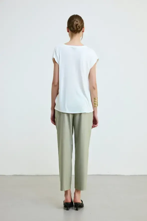 Round Neck Satin Front T-shirt - Ecru - 4