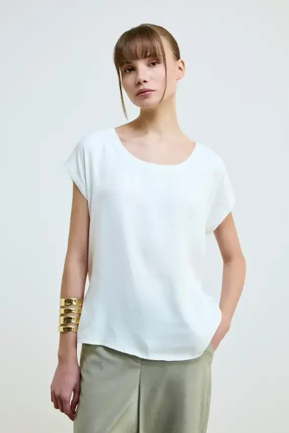 Round Neck Satin Front T-shirt - Ecru - 1