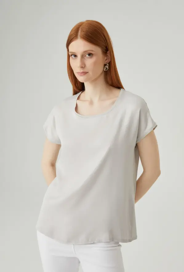 Round Neck Satin T-shirt - Stone - 1