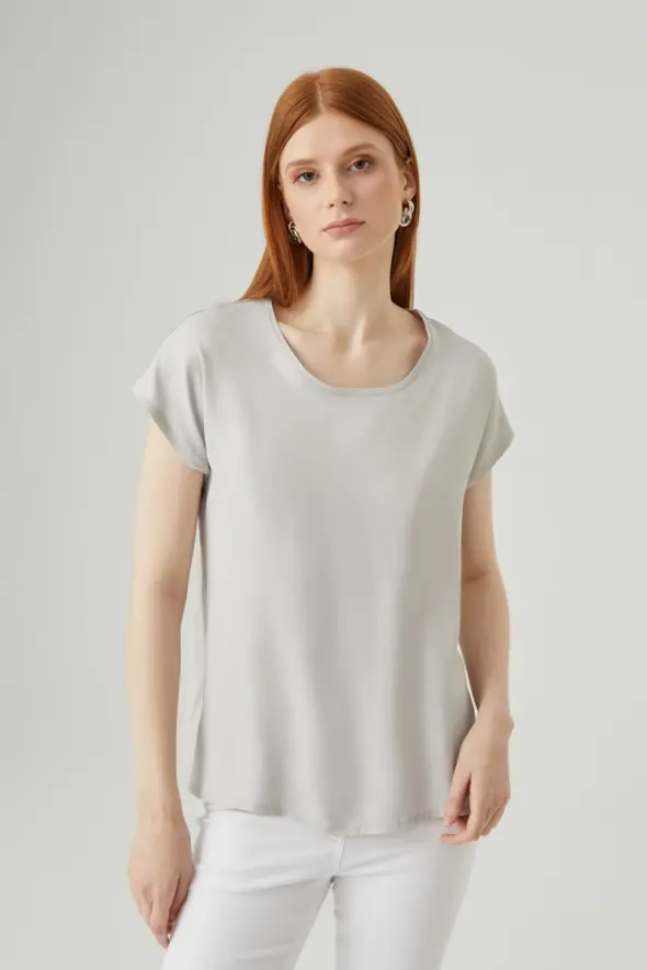 Round Neck Satin T-shirt - Stone - 3