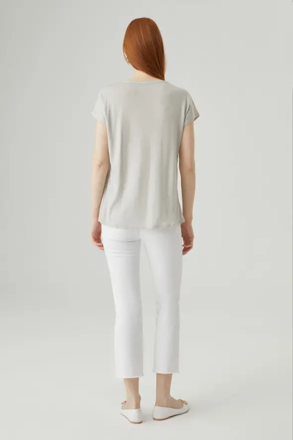 Round Neck Satin T-shirt - Stone - 5