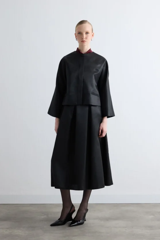 Round Neck Taffeta Jacket - Black - 2