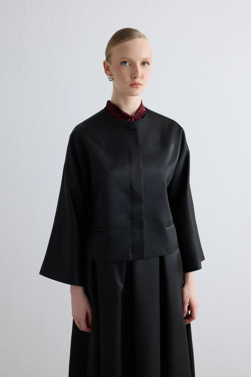 Round Neck Taffeta Jacket Black - 1