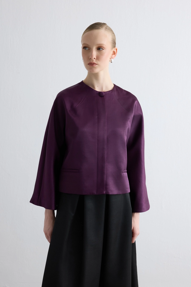 Round Neck Taffeta Jacket - Plum - 1