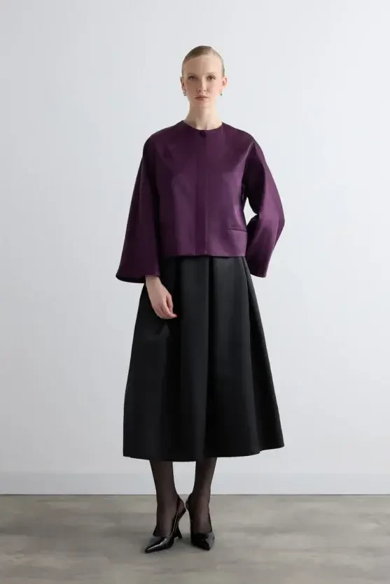 Round Neck Taffeta Jacket - Plum - 2
