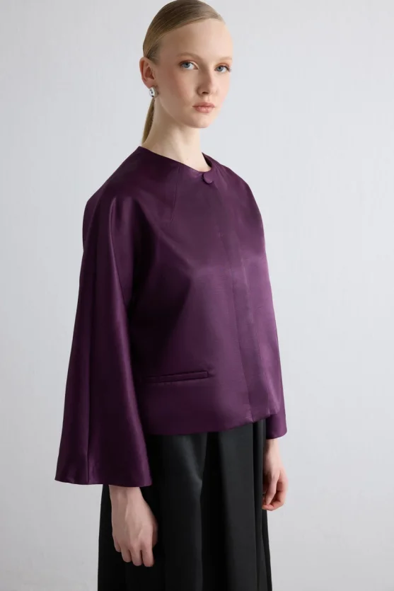 Round Neck Taffeta Jacket Plum - Gusto