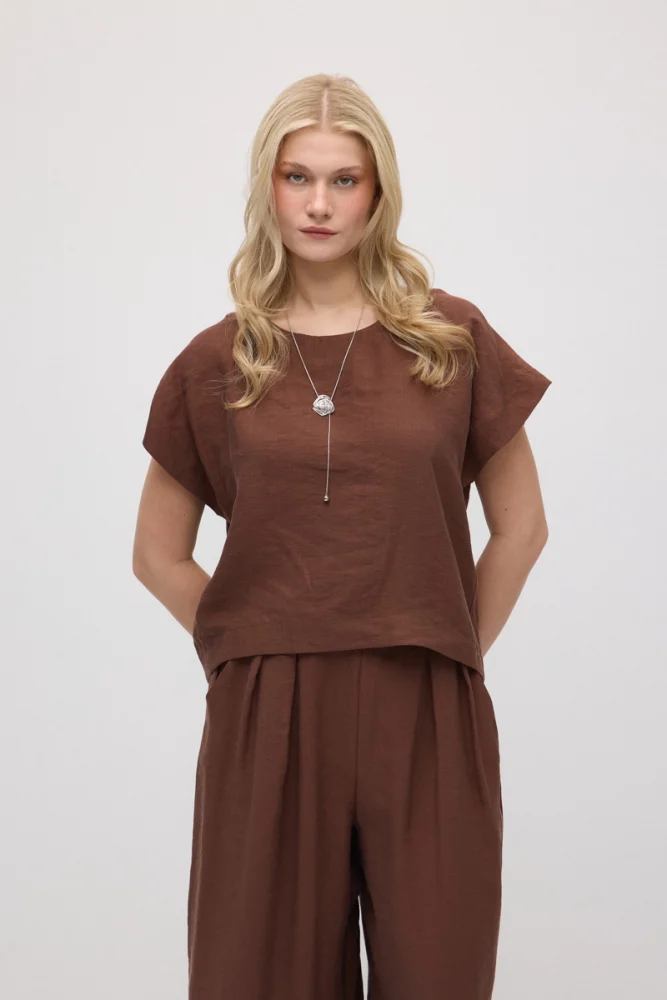 Round Neck Tencel Blouse - Brown