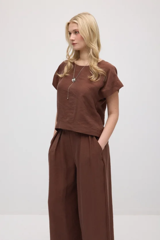 Round Neck Tencel Blouse - Brown - 4