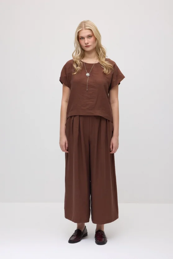 Round Neck Tencel Blouse - Brown - 2