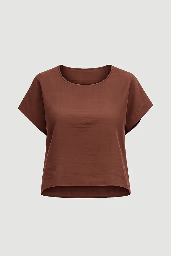 Round Neck Tencel Blouse - Brown - Gusto