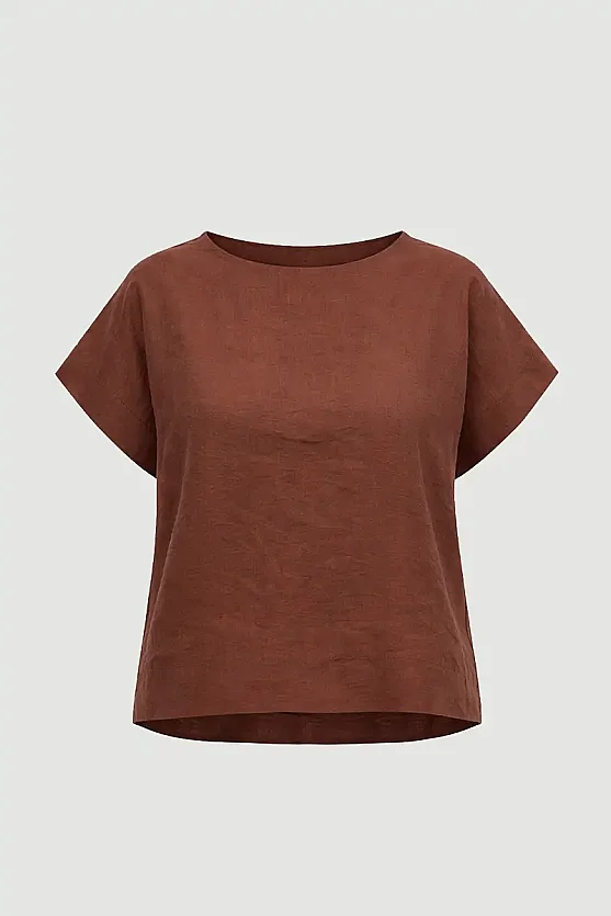 Round Neck Tencel Blouse - Brown - 6