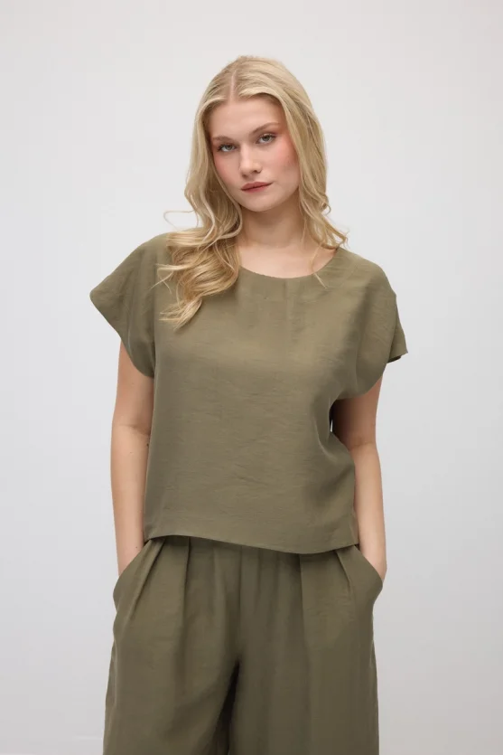 Round Neck Tencel Blouse - Khaki - 1