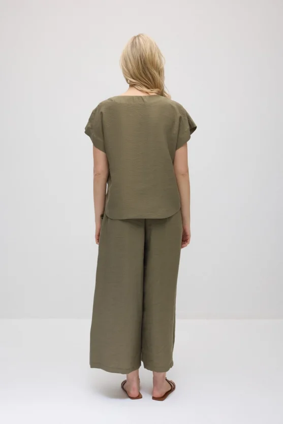 Round Neck Tencel Blouse - Khaki - 5