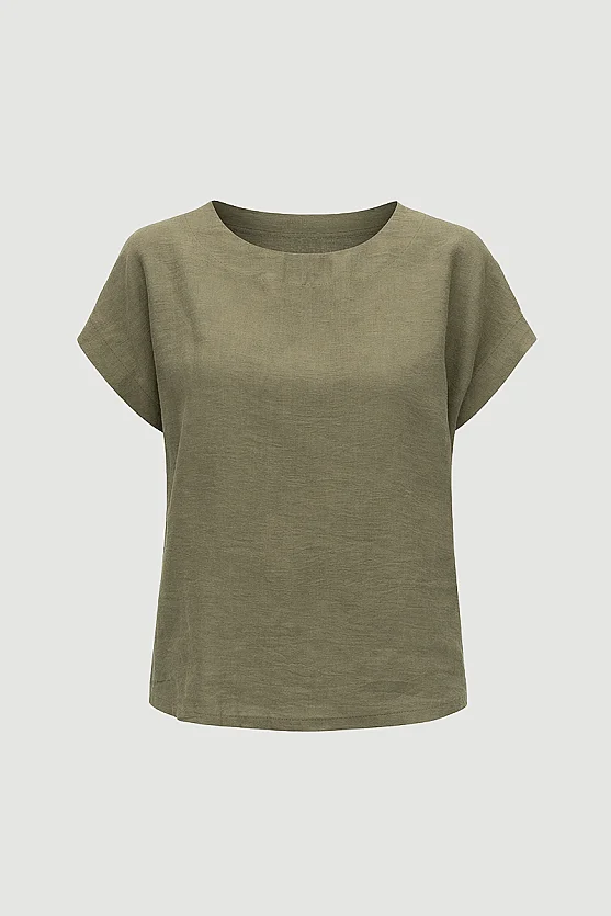 Round Neck Tencel Blouse - Khaki - Gusto