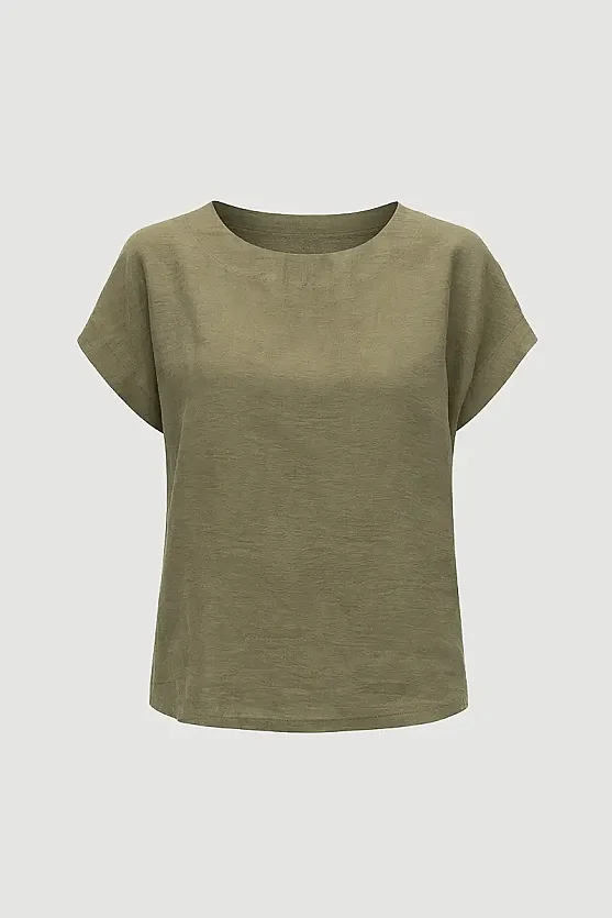 Round Neck Tencel Blouse - Khaki - 6