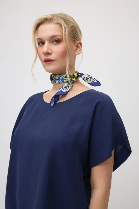 Round Neck Tencel Blouse - Navy Blue - 5